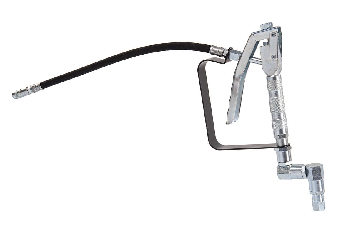 PISTOLA CON PROTEZIONE LEVA TUBO FLESSIBILE E TESTINA 4 GRIFFE GIUNTO SNODO TRIPLO F 1/4