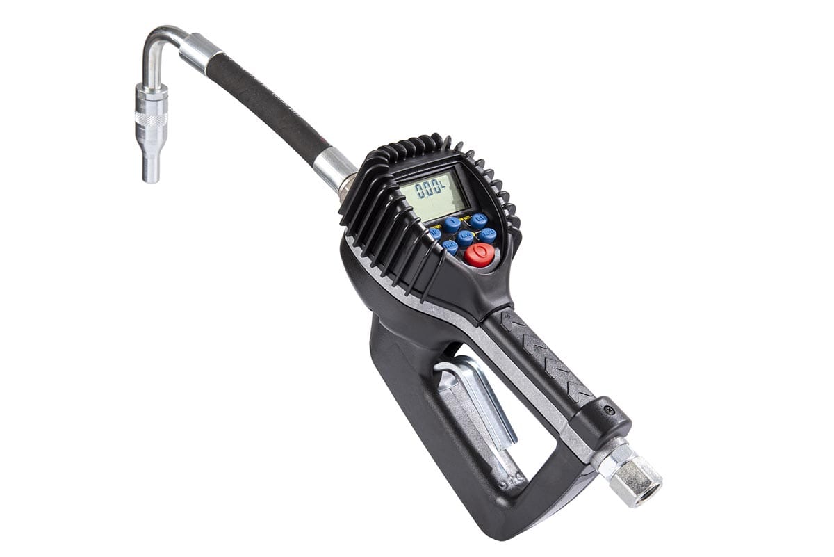 PISTOLA DIGITALE A PRESELEZIONE PER OLIO ESTREMITA' FLESSIBILE 105° VALVOLA ANTIGOCCIA AUTOMATICA Ø 14 mm